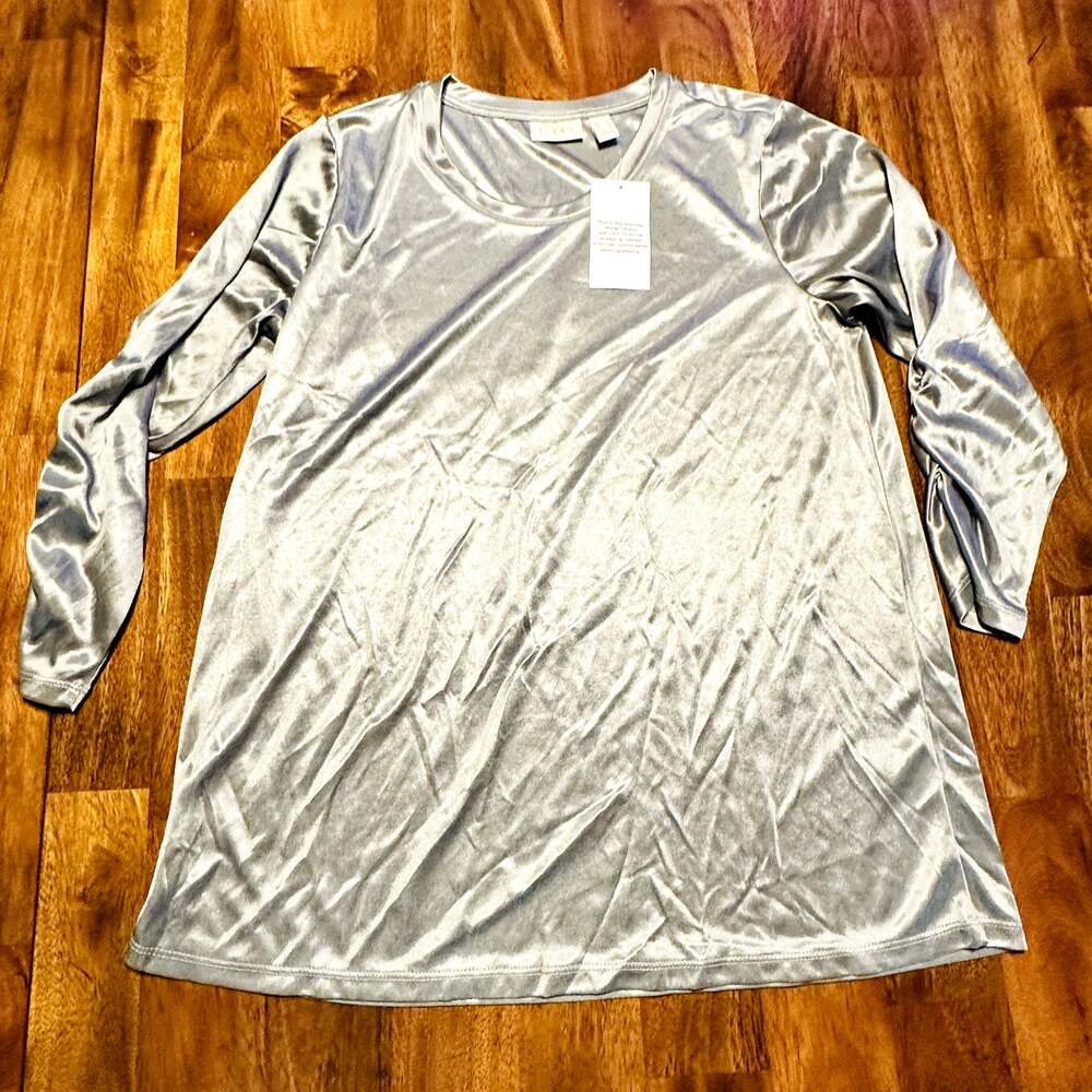 LOGO Blouse Women XS 3/4 Sleeve Shirt Lori Goldstein Silver Shimmery Polyester